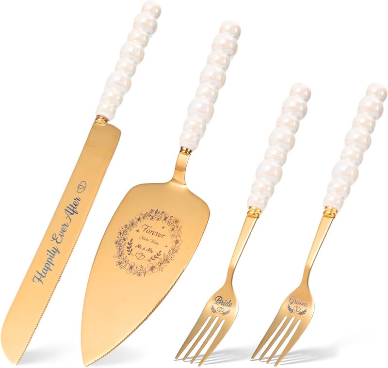 kingump 4 Piece Wedding Cake Cutting Set, Knife and Server with Forks, Elegant Wedding Cake Knife and Server Set for Bride and Groom(Pearl Handle Gold) - Image 1